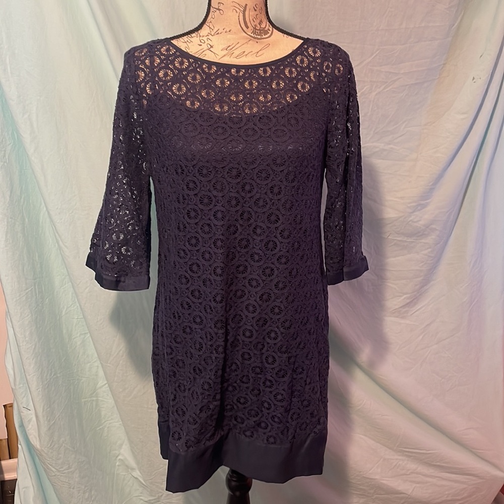 LAUNDRY by SHELLI SEGAL sz 4 Navy Blue lace overlay dress with camisole slip